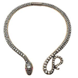 Egyptian Revial Faux Pearl Pink Rhinestone Gold Snake Collar Statement Necklace